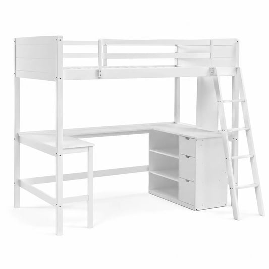 Hochbett mit Schreibtisch Weiß Massivholz