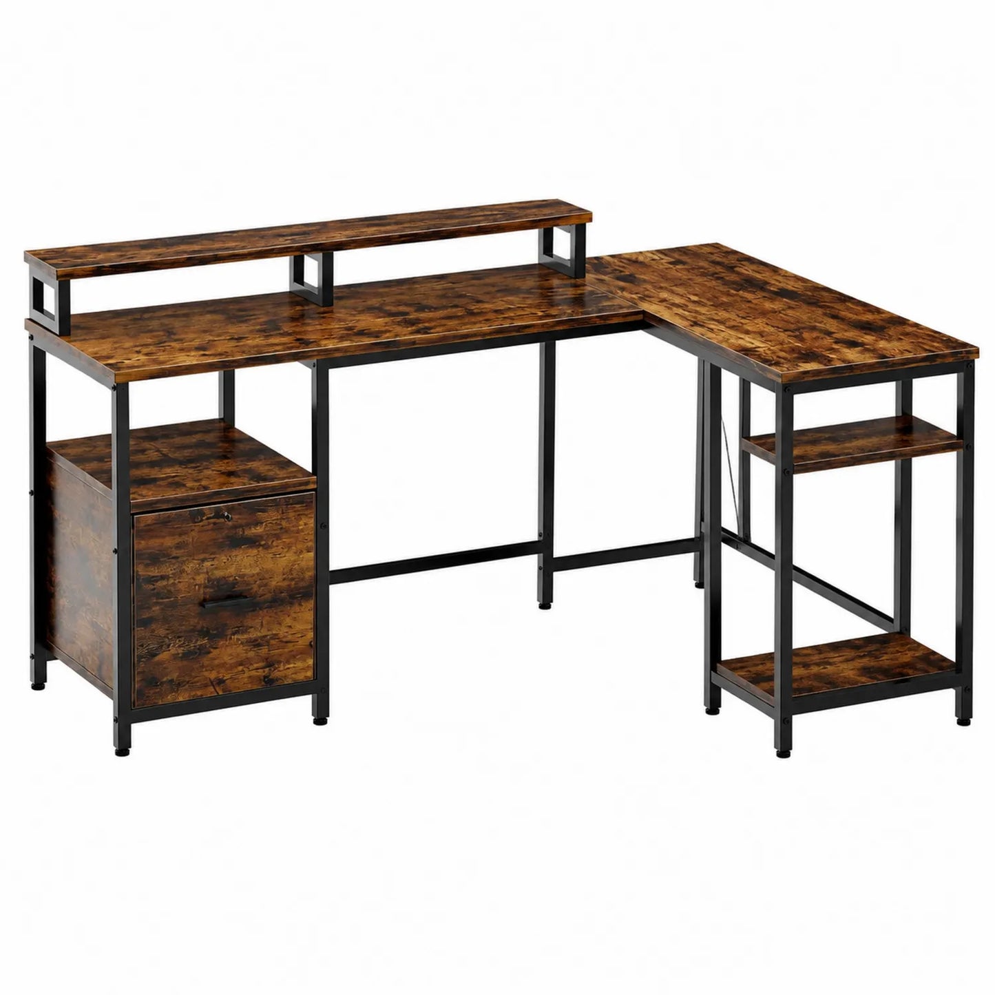 Eckschreibtisch L-Form Holzspanplatte Metallrahmen mit Regal und Schublade 140x130x75 cm